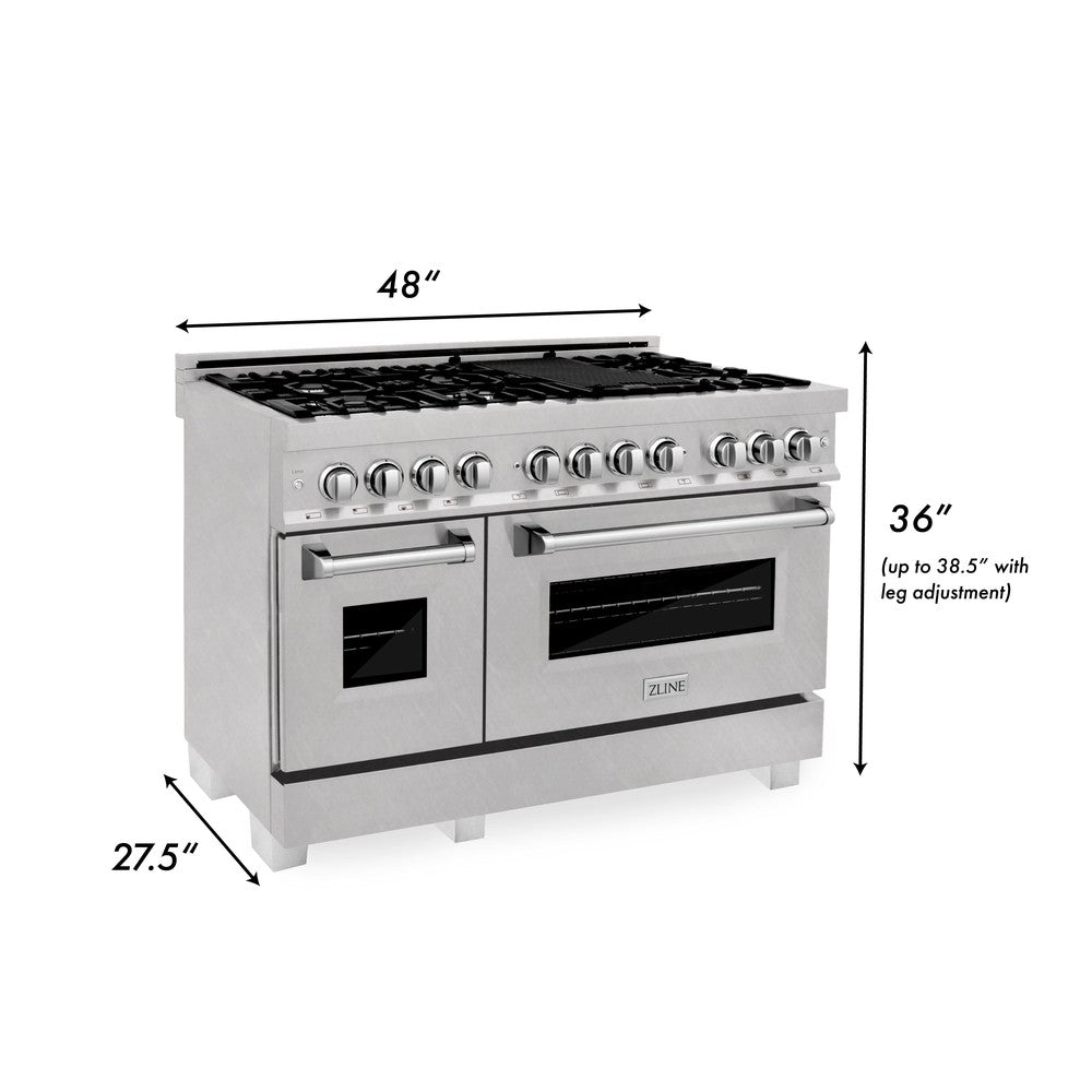 ZLINE 48 in. Kitchen Package with DuraSnow® Stainless Steel Dual Fuel Range and Convertible Vent Range Hood (2KP-RASSNRH48) dimensional diagram with measurements.