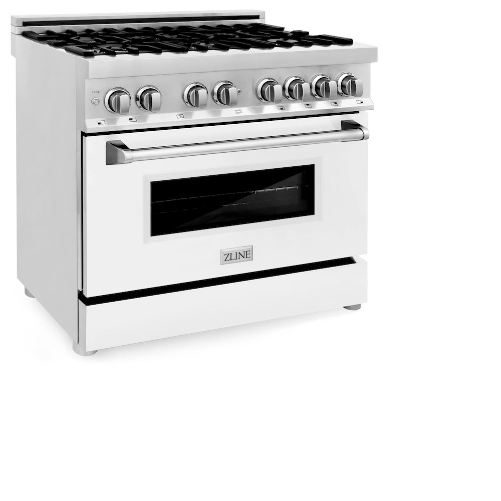 ZLINE 36 in. 4.6 cu. ft. Legacy Dual Fuel Range with 6 Burner Gas Cooktop and Electric Convection Oven in Stainless Steel with Griddle and White Matte Door (RA-WM-GR-36) side, oven closed.