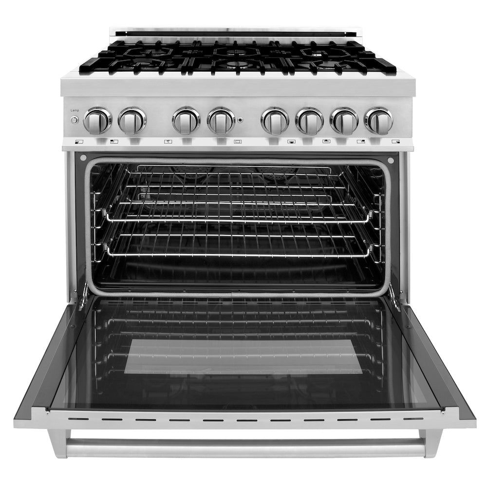 ZLINE 36 in. 4.6 cu. ft. Legacy Dual Fuel Range with 6 Burner Gas Cooktop and Electric Convection Oven in Stainless Steel with Griddle (RA-GR-36) front, oven open.