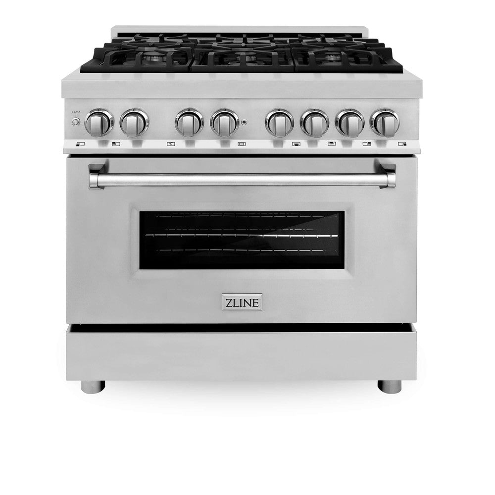ZLINE 36 in. Dual Fuel Range (RA36) in Stainless Steel front.