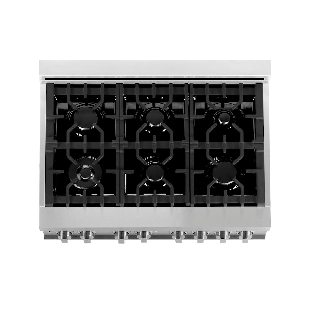 ZLINE 36 in. 4.6 cu. ft. Legacy Dual Fuel Range with 6 Burner Gas Cooktop and Electric Convection Oven in Stainless Steel with Griddle (RA-GR-36) top-down, above cooktop.