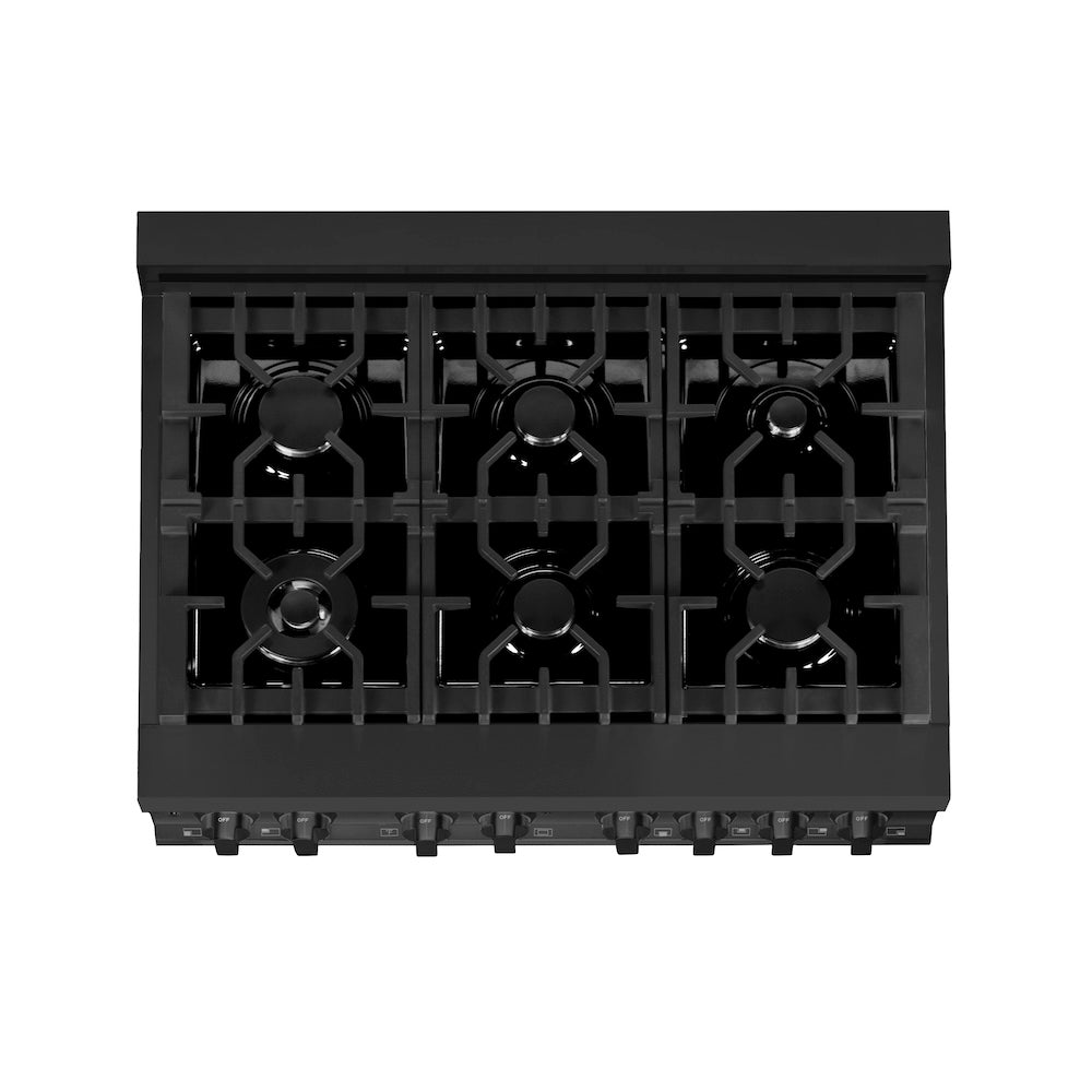 ZLINE 36 in. 4.6 cu. ft. Legacy Dual Fuel Range with 6 Burner Gas Cooktop and Electric Convection Oven in Black Stainless Steel, Open Box-Good Condition