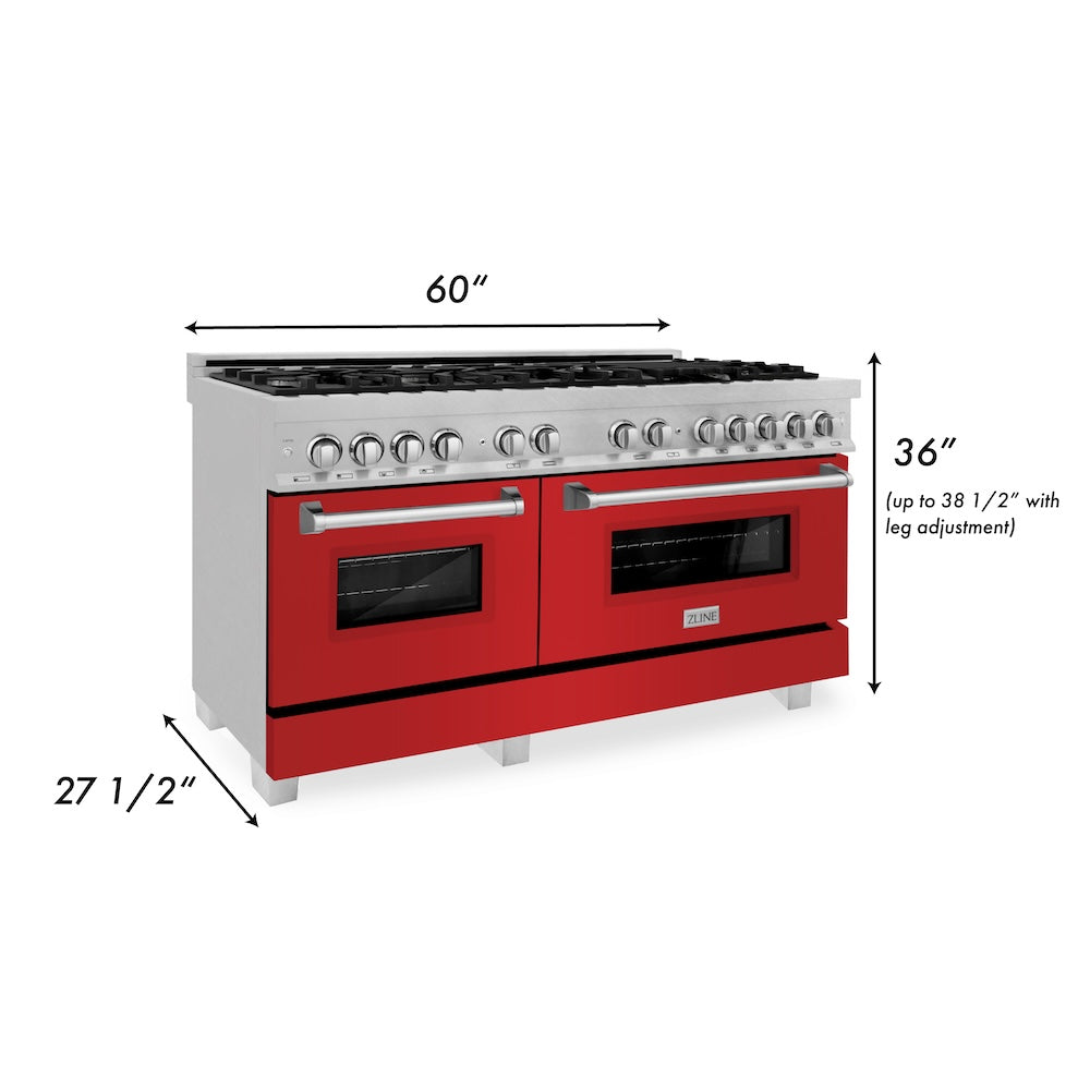 ZLINE 60 in. 7.4 cu. ft. Legacy Dual Fuel Range with 9 Burner Gas Cooktop and 2 Electric Convection Ovens in Satin Stainless Steel and Red Matte Doors (RAS-RM-60) dimensional diagram.