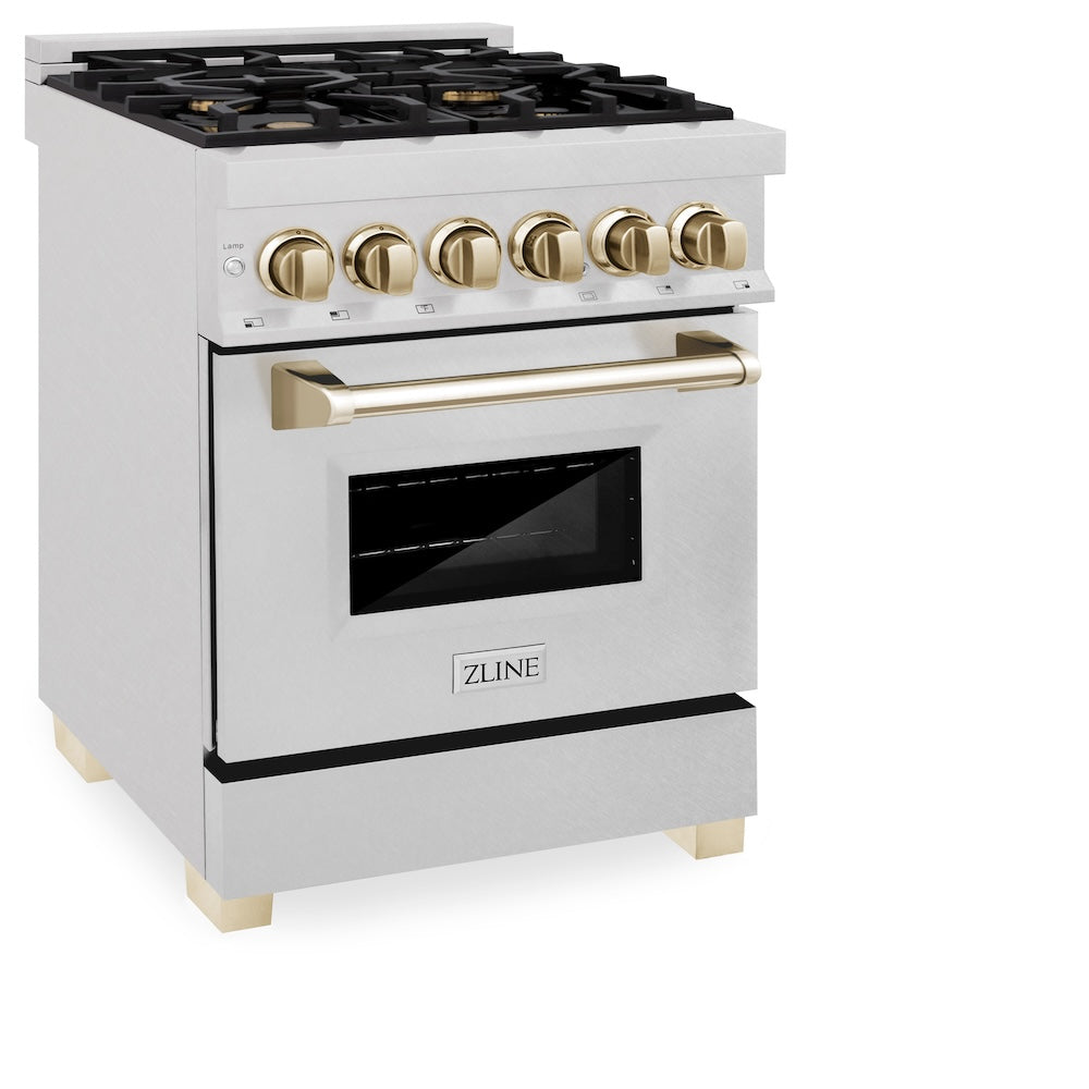 ZLINE Autograph Edition 24 in. 2.8 cu. ft. Legacy Dual Fuel Range with 4 Burner Gas Cooktop and Electric Convection Oven in DuraSnow® Stainless Steel and Polished Gold Accents (RASZ-SN-24-G) side, oven closed.