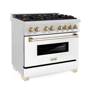 ZLINE Autograph Edition 36 in. 4.6 cu. ft. Legacy Dual Fuel Range with 6 Burner Gas Cooktop and Electric Convection Oven in Satin Stainless Steel with White Matte Door and Polished Gold Accents, Open Box-Great Condition main image.