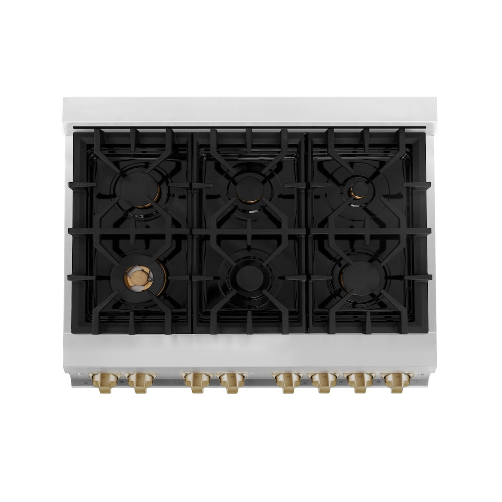 ZLINE Autograph Edition 36 in. 4.6 cu. ft. Legacy Dual Fuel Range with 6 Burner Gas Cooktop and Electric Convection Oven in Stainless Steel with White Matte Door and Champagne Bronze Accents, Open Box-Good Condition