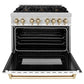 ZLINE Autograph Edition 36 in. 4.6 cu. ft. Legacy Dual Fuel Range with 6 Burner Gas Cooktop and Electric Convection Oven in Stainless Steel with White Matte Door and Polished Gold Accents (RAZ-WM-36-G) front, oven open.