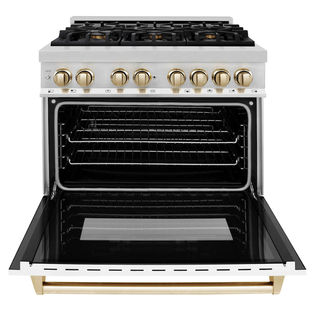 ZLINE Autograph Edition 36 in. 4.6 cu. ft. Legacy Dual Fuel Range with 6 Burner Gas Cooktop and Electric Convection Oven in Stainless Steel with White Matte Door and Polished Gold Accents (RAZ-WM-36-G) front, oven open.