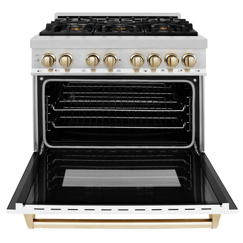 ZLINE Autograph Edition 36 in. Kitchen Package with Stainless Steel Dual Fuel Range with White Matte Door and Range Hood with Polished Gold Accents (2AKP-RAWMRH36-G)