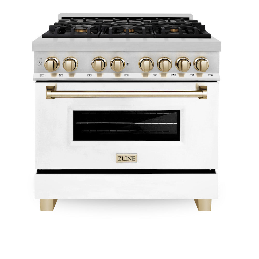 ZLINE Autograph Edition 36 in. 4.6 cu. ft. Legacy Dual Fuel Range with 6 Burner Gas Cooktop and Electric Convection Oven in Stainless Steel with White Matte Door and Polished Gold Accents (RAZ-WM-36-G) front, oven closed.