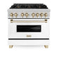 ZLINE Autograph Edition 36 in. Kitchen Package with Stainless Steel Dual Fuel Range with White Matte Door and Range Hood with Polished Gold Accents (2AKP-RAWMRH36-G)