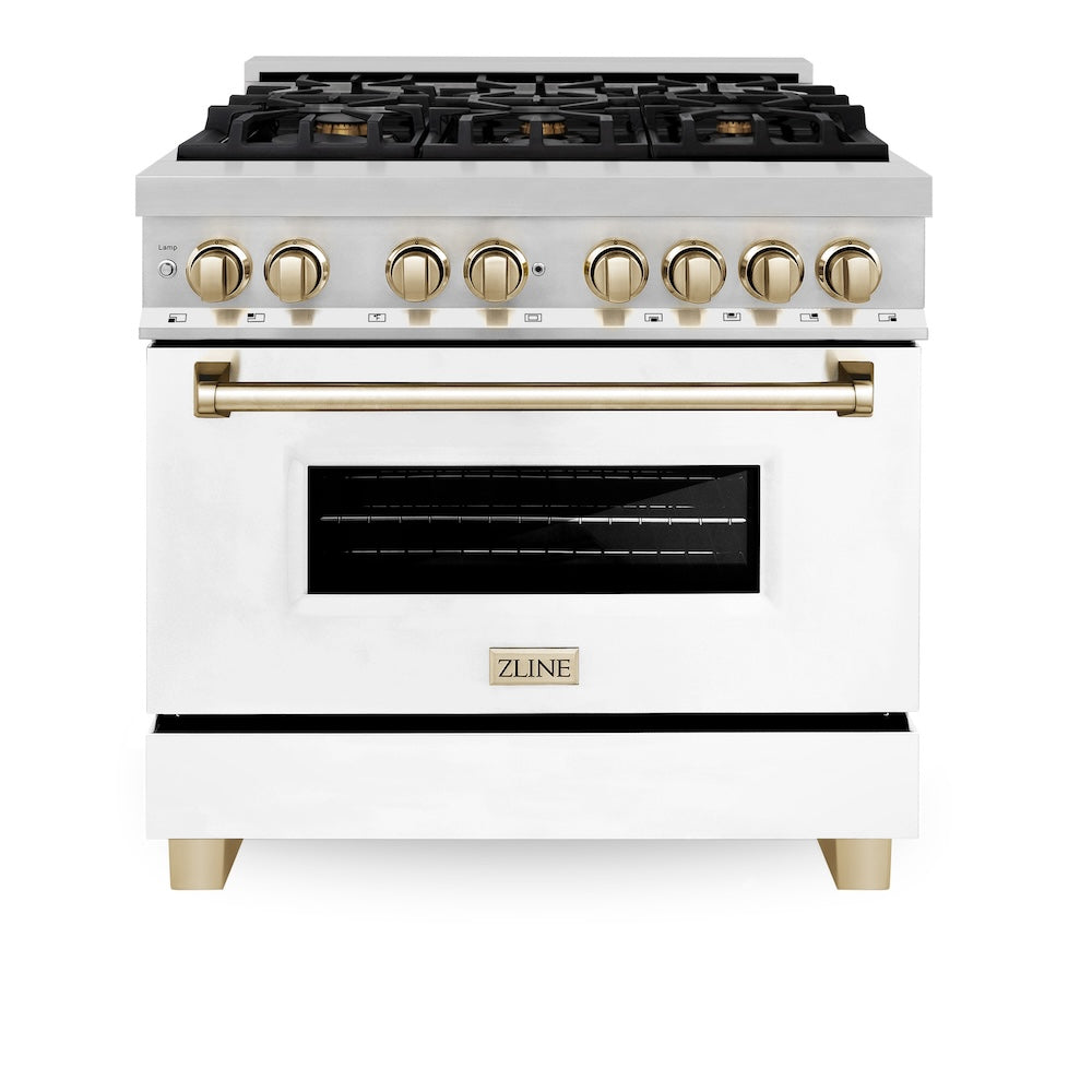 ZLINE Autograph Edition 36 in. Kitchen Package with Stainless Steel Dual Fuel Range with White Matte Door and Range Hood with Polished Gold Accents (2AKP-RAWMRH36-G)