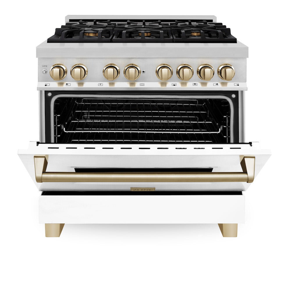 ZLINE Autograph Edition 36 in. 4.6 cu. ft. Dual Fuel Range with Gas Stove and Electric Oven in Stainless Steel with White Matte Door and Polished Gold Accents (RAZ-WM-36-G) front, oven open.