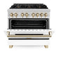 ZLINE Autograph Edition 36 in. 4.6 cu. ft. Legacy Dual Fuel Range with 6 Burner Gas Cooktop and Electric Convection Oven in Stainless Steel with White Matte Door and Polished Gold Accents (RAZ-WM-36-G) front, oven open.
