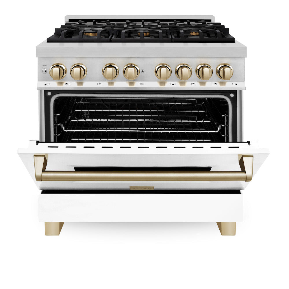 ZLINE Autograph Edition 36 in. 4.6 cu. ft. Legacy Dual Fuel Range with 6 Burner Gas Cooktop and Electric Convection Oven in Stainless Steel with White Matte Door and Polished Gold Accents (RAZ-WM-36-G) front, oven open.