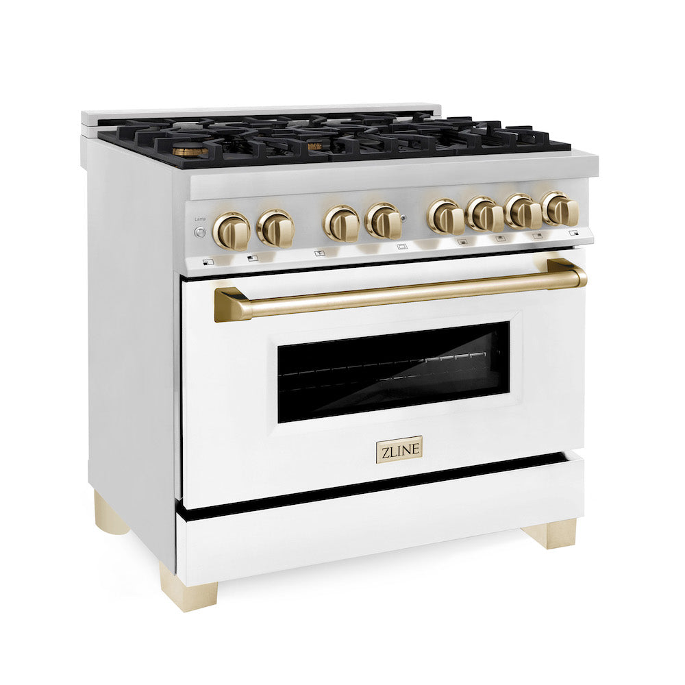 ZLINE Autograph Edition 36 in. 4.6 cu. ft. Legacy Dual Fuel Range with 6 Burner Gas Cooktop and Electric Convection Oven in Stainless Steel with White Matte Door and Polished Gold Accents (RAZ-WM-36-G) main image.