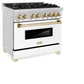ZLINE Autograph Edition 36 in. 4.6 cu. ft. Legacy Dual Fuel Range with 6 Burner Gas Cooktop and Electric Convection Oven in Stainless Steel with White Matte Door and Polished Gold Accents (RAZ-WM-36-G) side, oven closed.