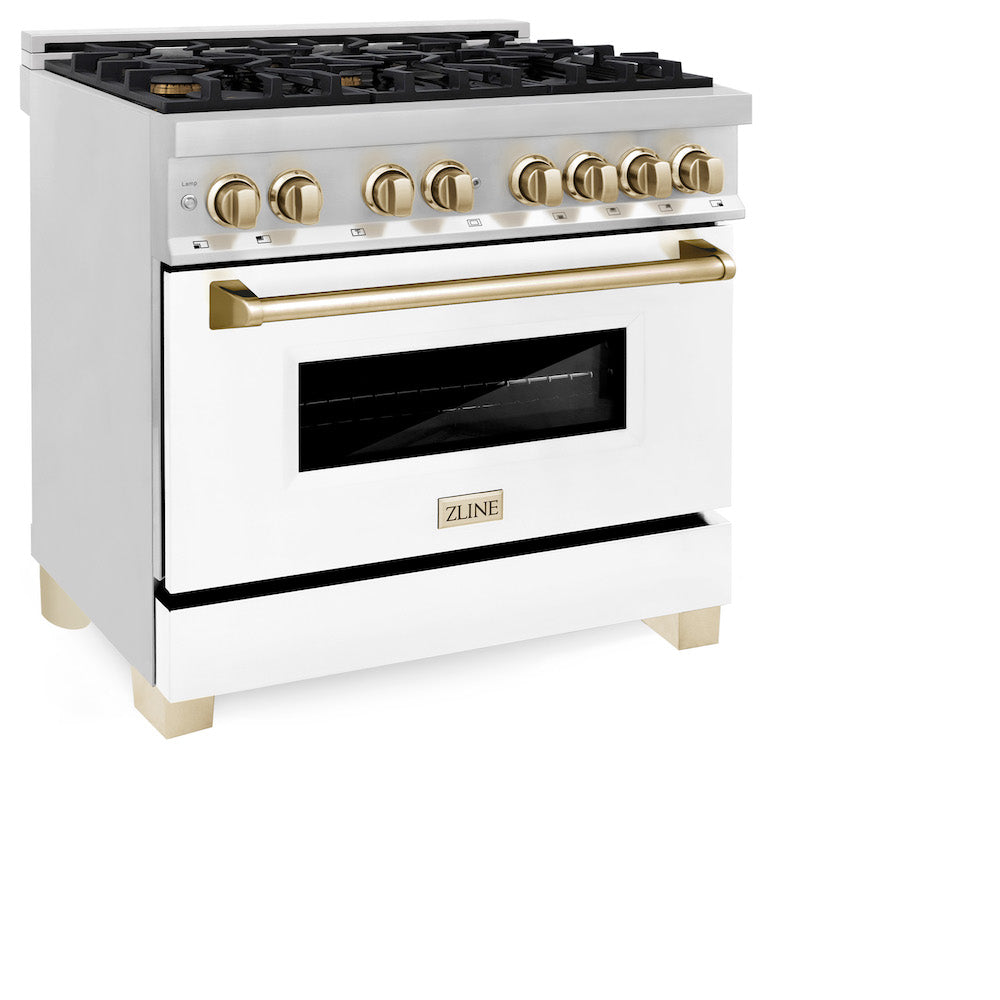ZLINE Autograph Edition 36 in. 4.6 cu. ft. Legacy Dual Fuel Range with 6 Burner Gas Cooktop and Electric Convection Oven in Stainless Steel with White Matte Door and Polished Gold Accents (RAZ-WM-36-G) side, oven closed.