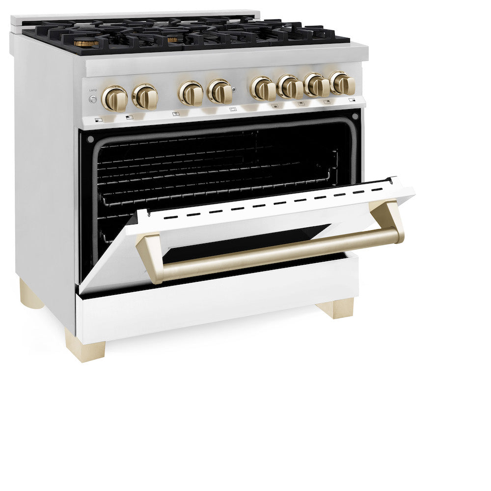 ZLINE Autograph Edition 36 in. 4.6 cu. ft. Dual Fuel Range with Gas Stove and Electric Oven in Stainless Steel with White Matte Door and Polished Gold Accents (RAZ-WM-36-G) side, oven half open.