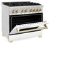 ZLINE Autograph Edition 36 in. 4.6 cu. ft. Legacy Dual Fuel Range with 6 Burner Gas Cooktop and Electric Convection Oven in Stainless Steel with White Matte Door and Polished Gold Accents (RAZ-WM-36-G) side, oven half open.