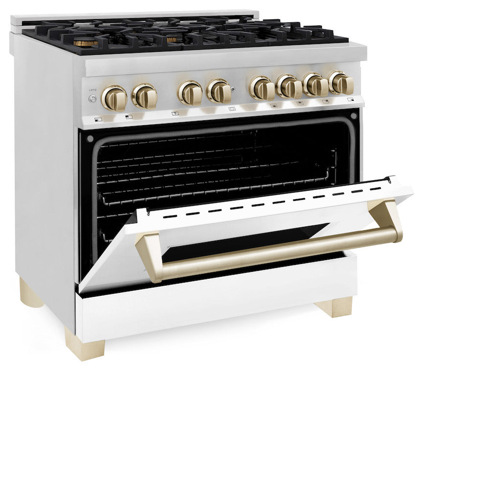 ZLINE Autograph Edition 36 in. 4.6 cu. ft. Legacy Dual Fuel Range with 6 Burner Gas Cooktop and Electric Convection Oven in Stainless Steel with White Matte Door and Polished Gold Accents (RAZ-WM-36-G) side, oven half open.