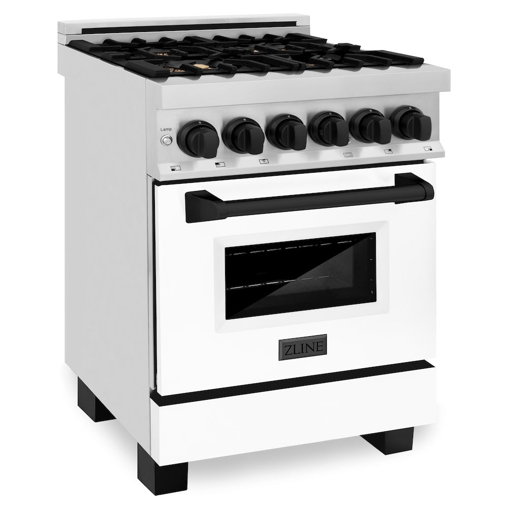 ZLINE Autograph Edition 24 in. 2.8 cu. ft. Legacy Dual Fuel Range with 4 Burner Gas Cooktop and Electric Convection Oven in Stainless Steel with White Matte Door and Matte Black Accents, Open Box-Great Condition main image.
