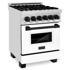 ZLINE Autograph Edition 24 in. 2.8 cu. ft. Legacy Dual Fuel Range with 4 Burner Gas Cooktop and Electric Convection Oven in Stainless Steel with White Matte Door and Matte Black Accents, Open Box-Great Condition main image.