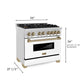 ZLINE Autograph Edition 36 in. 4.6 cu. ft. Legacy Dual Fuel Range with 6 Burner Gas Cooktop and Electric Convection Oven in Stainless Steel with White Matte Door and Champagne Bronze Accents, Open Box-Good Condition dimensional diagram.