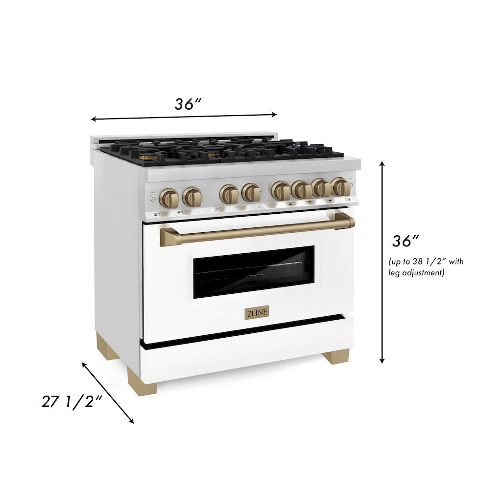ZLINE Autograph Edition 36 in. 4.6 cu. ft. Legacy Dual Fuel Range with 6 Burner Gas Cooktop and Electric Convection Oven in Stainless Steel with White Matte Door and Champagne Bronze Accents, Open Box-Good Condition dimensional diagram.