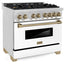 ZLINE Autograph Edition 36 in. 4.6 cu. ft. Legacy Dual Fuel Range with 6 Burner Gas Cooktop and Electric Convection Oven in Stainless Steel with White Matte Door and Champagne Bronze Accents (RAZ-WM-36-CB) side, oven closed.