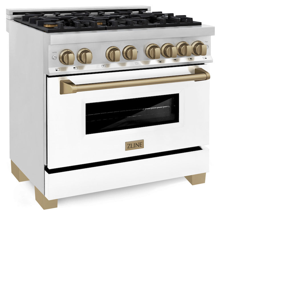 ZLINE Autograph Edition 36 in. 4.6 cu. ft. Legacy Dual Fuel Range with 6 Burner Gas Cooktop and Electric Convection Oven in Stainless Steel with White Matte Door and Champagne Bronze Accents (RAZ-WM-36-CB) side, oven closed.