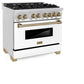 ZLINE Autograph Edition 36 in. 4.6 cu. ft. Legacy Dual Fuel Range with 6 Burner Gas Cooktop and Electric Convection Oven in Satin Stainless Steel with White Matte Door and Champagne Bronze Accents, Open Box-Great Condition