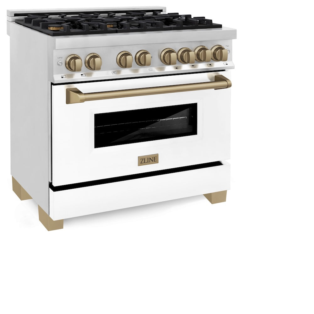 ZLINE Autograph Edition 36 in. 4.6 cu. ft. Legacy Dual Fuel Range with 6 Burner Gas Cooktop and Electric Convection Oven in Stainless Steel with White Matte Door and Champagne Bronze Accents, Open Box-Good Condition