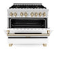 ZLINE Autograph Edition 36 in. 4.6 cu. ft. Legacy Dual Fuel Range with 6 Burner Gas Cooktop and Electric Convection Oven in Stainless Steel with White Matte Door and Polished Gold Accents, Open Box-Great Condition