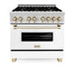 ZLINE Autograph Edition 36 in. 4.6 cu. ft. Legacy Dual Fuel Range with 6 Burner Gas Cooktop and Electric Convection Oven in Stainless Steel with White Matte Door and Polished Gold Accents, Open Box-Great Condition