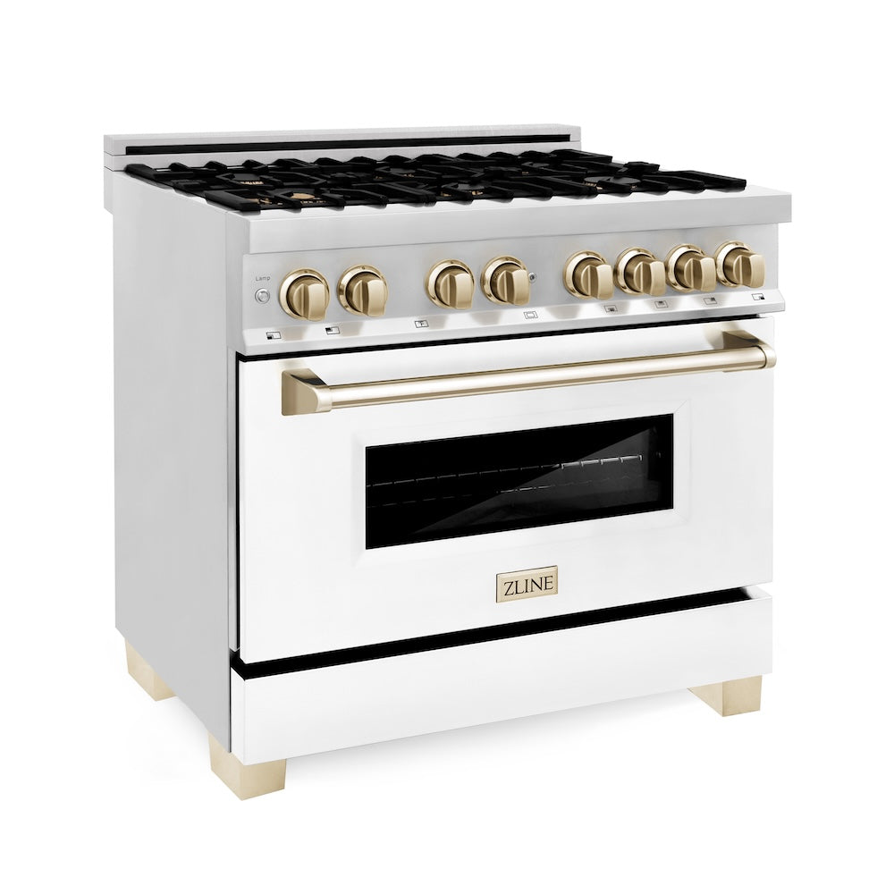 ZLINE Autograph Edition 36 in. 4.6 cu. ft. Legacy Dual Fuel Range with 6 Burner Gas Cooktop and Electric Convection Oven in Stainless Steel with White Matte Door and Polished Gold Accents, Open Box-Great Condition main image.
