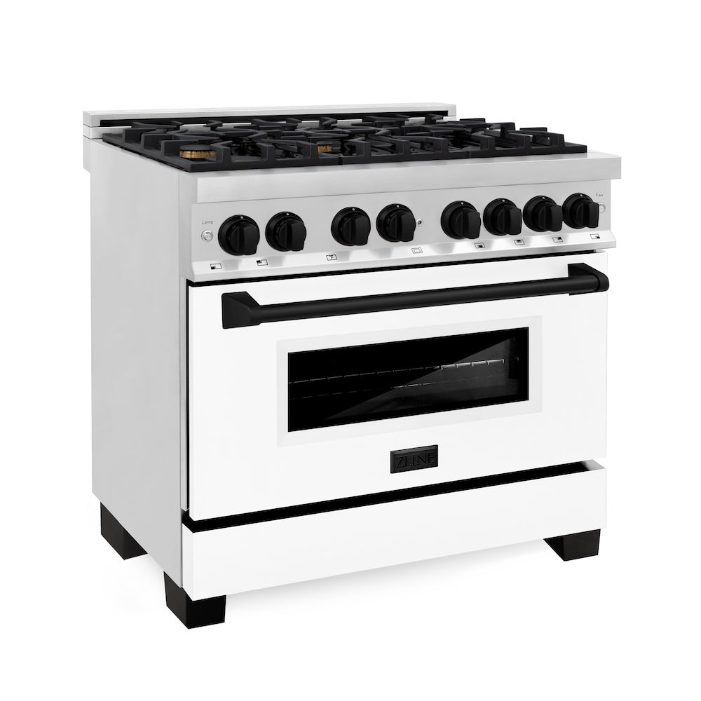 ZLINE Autograph Edition 36 in. 4.6 cu. ft. Legacy Dual Fuel Range with 6 Burner Gas Cooktop and Electric Convection Oven in Stainless Steel with White Matte Door and Matte Black Accents (RAZ-WM-36-MB) main image.