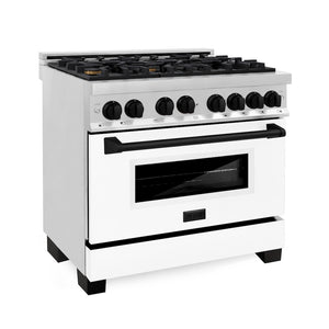 ZLINE Autograph Edition 36 in. 4.6 cu. ft. Legacy Dual Fuel Range with 6 Burner Gas Cooktop and Electric Convection Oven in Stainless Steel with White Matte Door and Matte Black Accents (RAZ-WM-36-MB) main image.