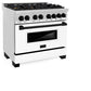 ZLINE Autograph Edition 36 in. 4.6 cu. ft. Legacy Dual Fuel Range with 6 Burner Gas Cooktop and Electric Convection Oven in Stainless Steel with White Matte Door and Matte Black Accents (RAZ-WM-36-MB) side, oven closed.
