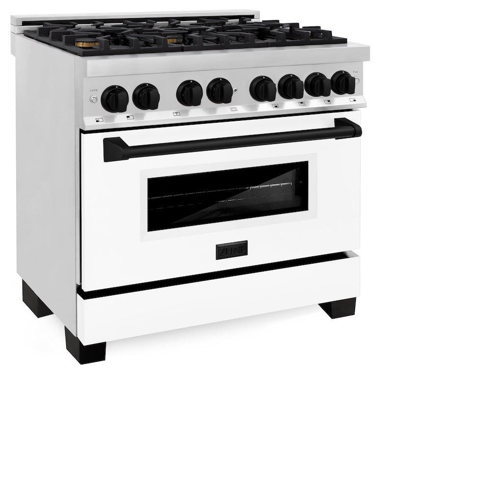 ZLINE Autograph Edition 36 in. 4.6 cu. ft. Legacy Dual Fuel Range with 6 Burner Gas Cooktop and Electric Convection Oven in Stainless Steel with White Matte Door and Matte Black Accents (RAZ-WM-36-MB) side, oven closed.