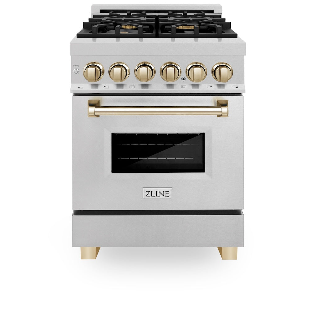 ZLINE Autograph Edition 24 in. 2.8 cu. ft. Legacy Dual Fuel Range with 4 Burner Gas Cooktop and Electric Convection Oven in DuraSnow® Stainless Steel and Polished Gold Accents (RASZ-SN-24-G) front, oven closed.