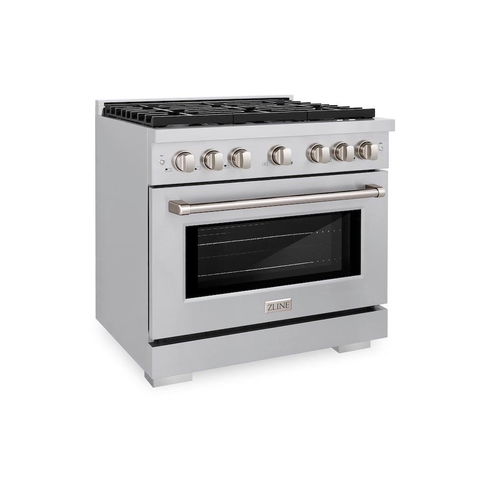 ZLINE 36 in. 5.2 cu. ft. Paramount Dual Fuel Range with 6 Burner Gas Cooktop and Electric Convection Oven in Stainless Steel (SDR36) main image.