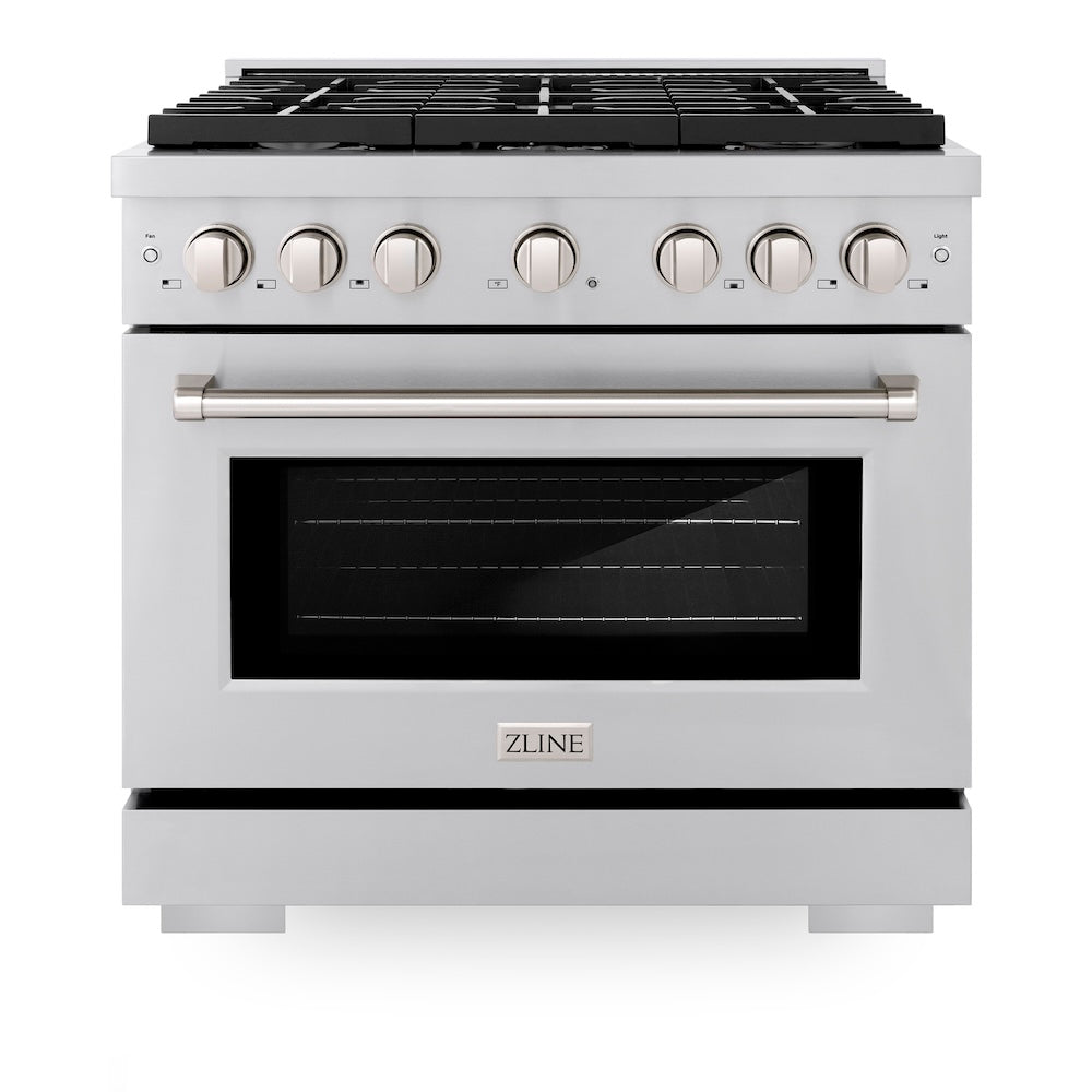 ZLINE Kitchen Package with Refrigeration, 36 in. Stainless Steel Gas Range, 36 in. Convertible Vent Range Hood and 24 in. Tall Tub Dishwasher (4KPR-SGRRH36-DWV)