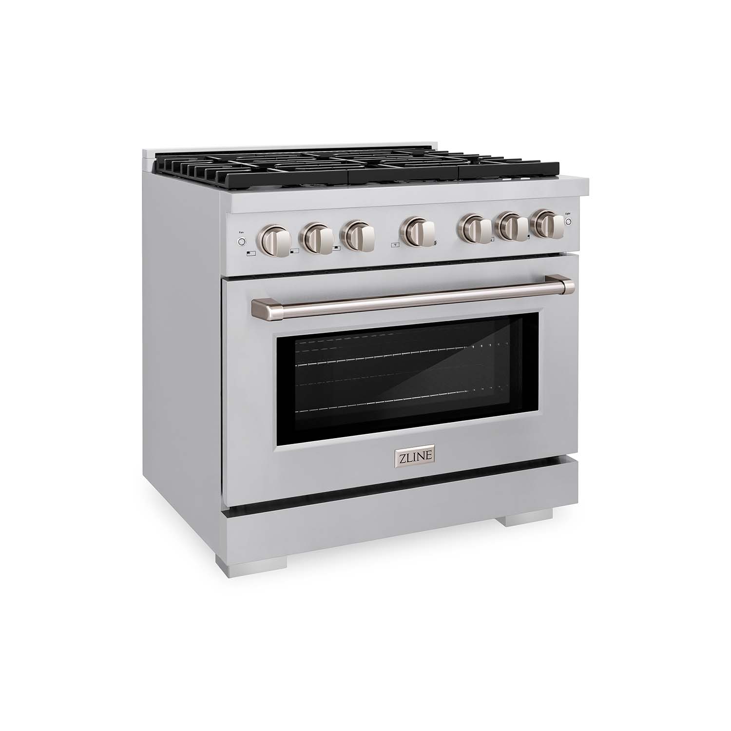 ZLINE 36" Stainless Steel Gas Range side angle with door closed.
