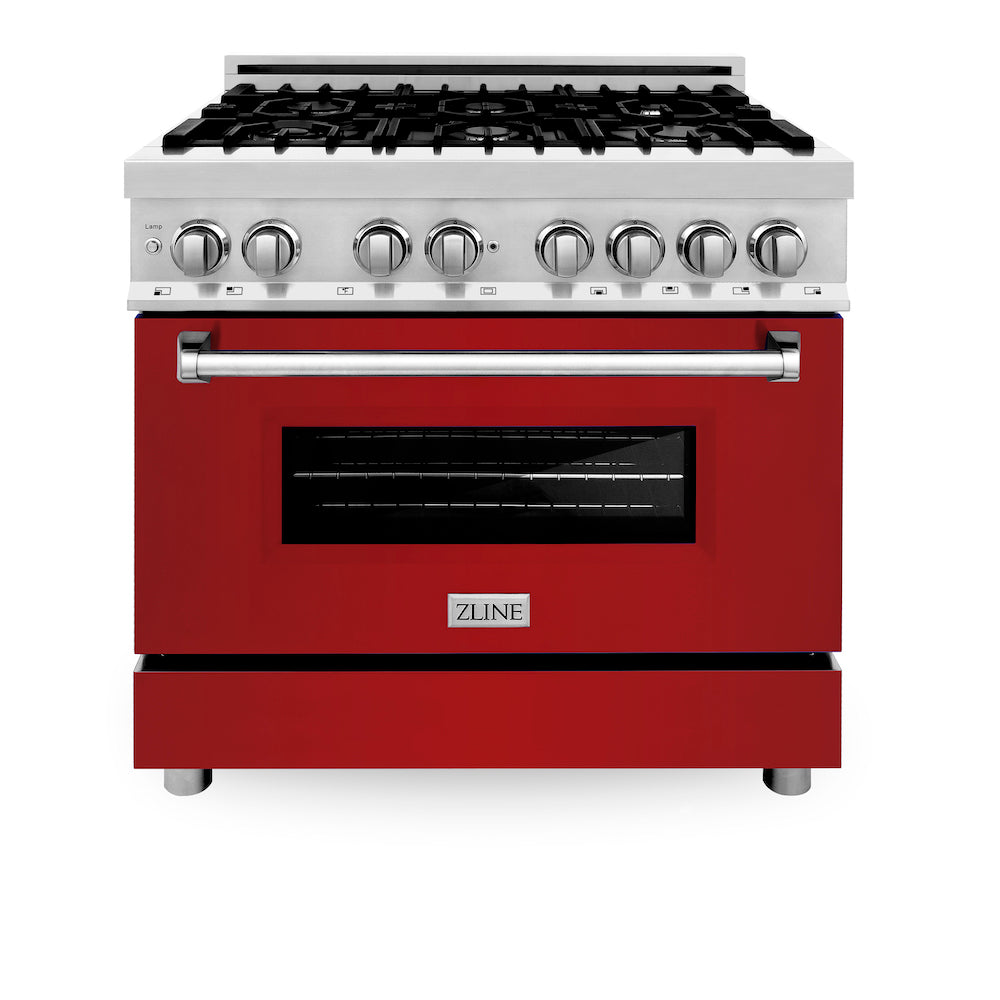 ZLINE 36 in. Dual Fuel Range with Gas Stove and Electric Oven in Stainless Steel with Red Gloss Door (RA-RG-36) front, oven closed.