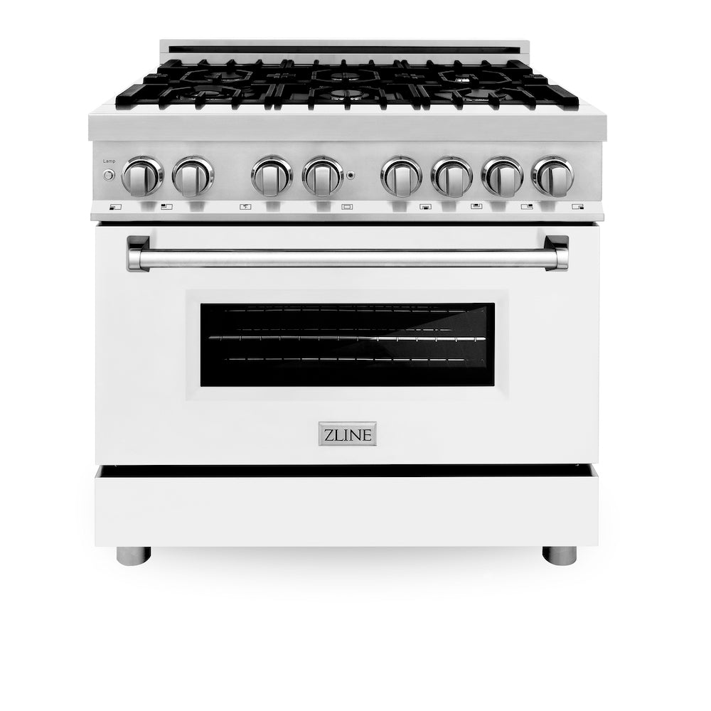ZLINE 36 in. 4.6 cu. ft. Electric Oven and Gas Cooktop Dual Fuel Range with Griddle and White Matte Door in Stainless Steel (RA-WM-GR-36) front, oven closed.