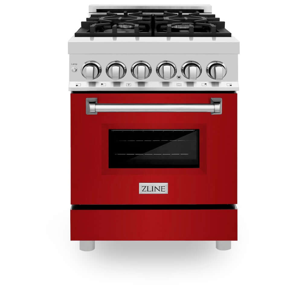ZLINE 24 in. 2.8 cu. ft. Dual Fuel Range with Gas Stove and Electric Oven in Stainless Steel and Red Gloss Door (RA-RG-24) front, oven closed.