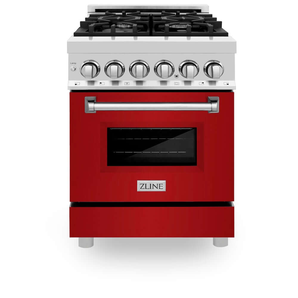 ZLINE 24 in. 2.8 cu. ft. Legacy Dual Fuel Range with 4 Burner Gas Cooktop and Electric Convection Oven in Stainless Steel and Red Gloss Door (RA-RG-24) front, oven closed.