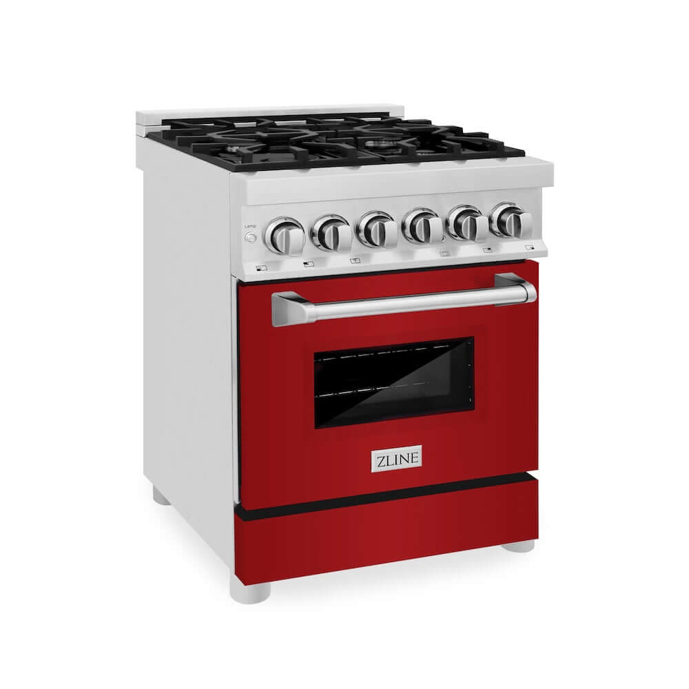 ZLINE 24 in. 2.8 cu. ft. Legacy Dual Fuel Range with 4 Burner Gas Cooktop and Electric Convection Oven in Stainless Steel and Red Gloss Door (RA-RG-24) main image.