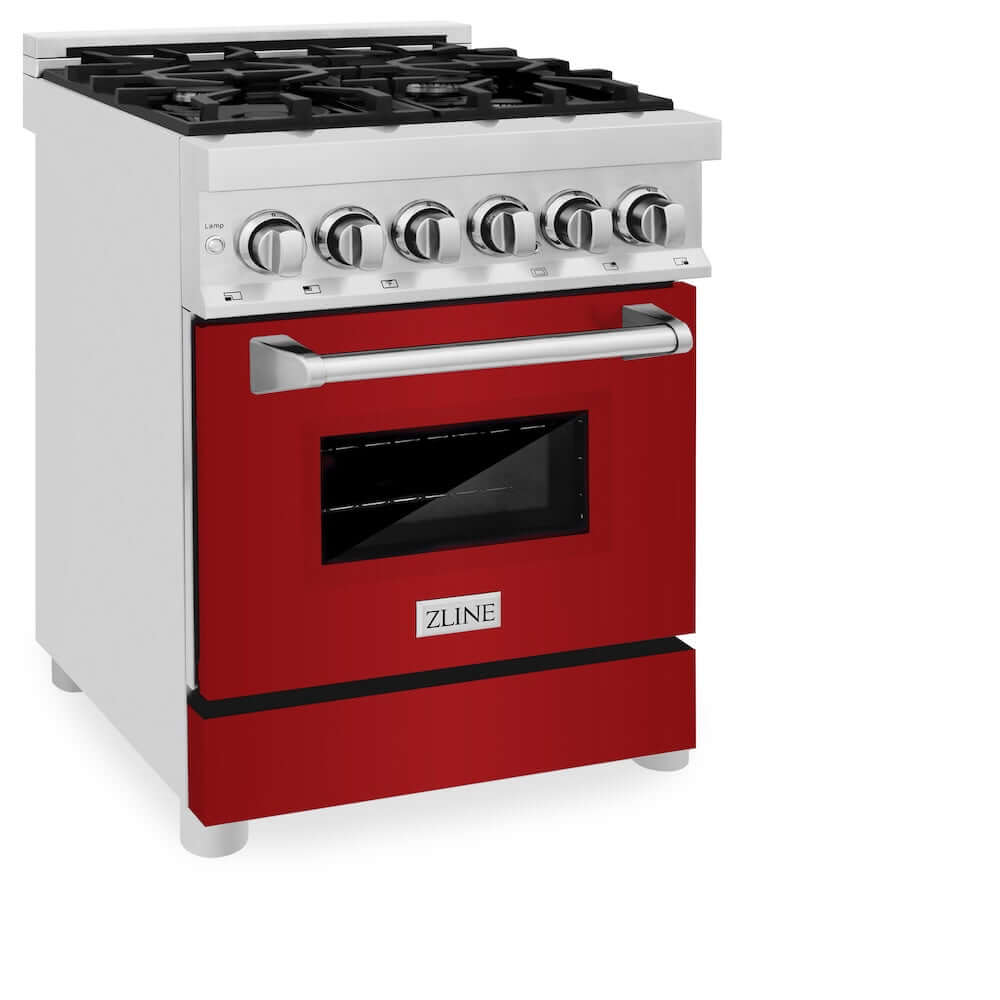 ZLINE 24 in. 2.8 cu. ft. Dual Fuel Range with Gas Stove and Electric Oven in Stainless Steel and Red Gloss Door (RA-RG-24) side, oven closed.
